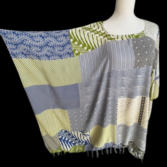 0025/ Green Blue Color Poncho with fringed, Batik Poncho - Picture 10 of 10